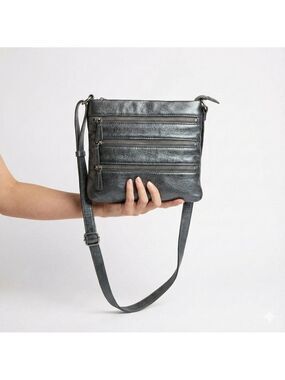 DANIER Grey Genuine Leather Crossbody Multi Zipper Pockets Key Lanyard